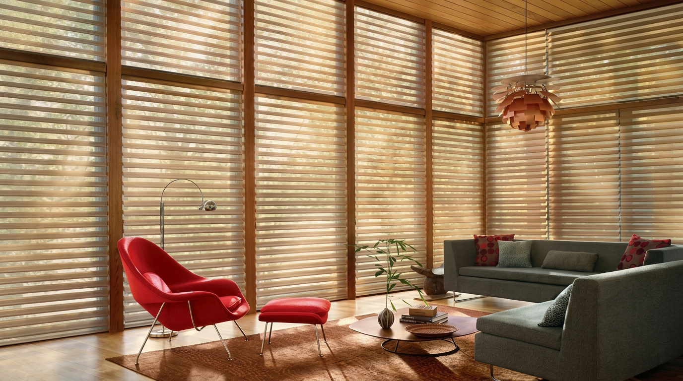 Cortinas de linho bege em sala de estar premium iluminada pela luz dourada